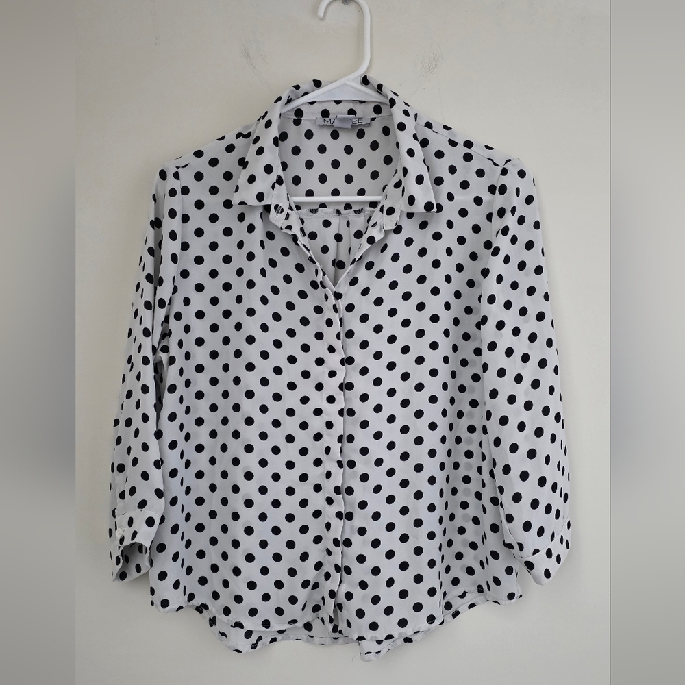 Mandee White & Black Polka Dot Button-Down Blouse | Collared | 3/4 Sleeves | M - Picture 2 of 11